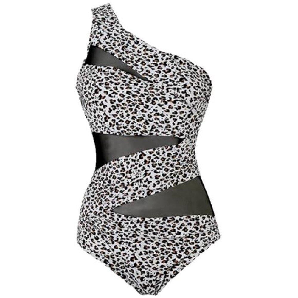 NEW- Runtlly White Leopard One Piece One Shoulder Swimsuit- Women's XL